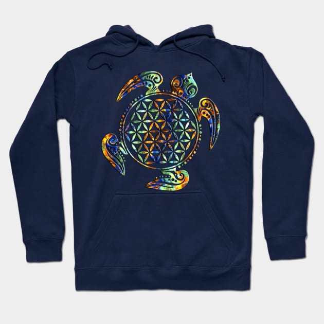 FLOWER OF LIFE SEA TURTLE - green blue orange Hoodie by EDDArt